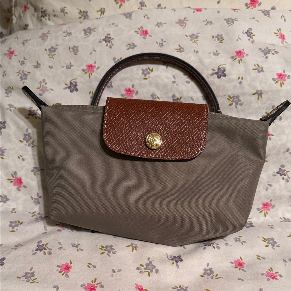 Small Women's Taupe Nylon Top-Handle Bag with Brown Flap
